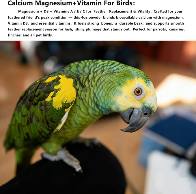 Calcium for Birds with Magnesium & Vitamin D3 – 4oz Powder, Essential for Molting, Faster Feather Regrowth, Strong Beak & Bone | Parrot Supplement