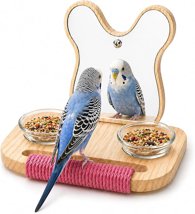 Bird Mirror with Perch and Feeder, Wooden Birds Toys Bird Cage Accessories for Parrots to Expend Energy, Interactive Toys for Greys Amazons Parakeet Cockatiel Conure Lovebirds Finch Canaries