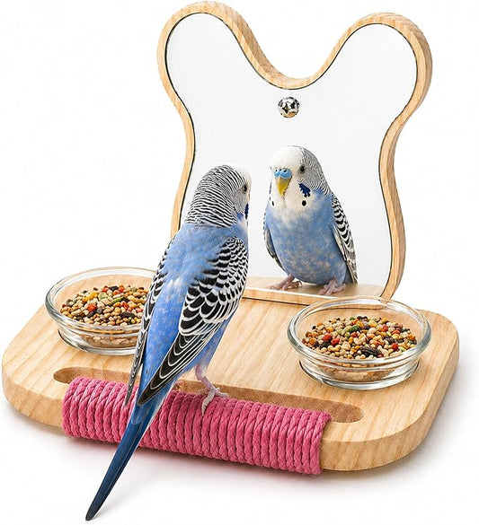 Bird Mirror with Perch and Feeder, Wooden Birds Toys Bird Cage Accessories for Parrots to Expend Energy, Interactive Toys for Greys Amazons Parakeet Cockatiel Conure Lovebirds Finch Canaries