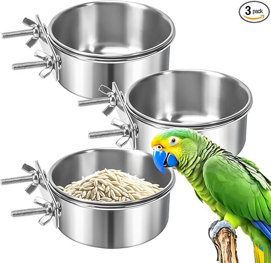 3 Pack Bird Feeding Bowls Cups Parrot Food Water Dishes, Stainless Steel Bird Bowl Cup Dish with Clamp, Birdcage Feeder Pet Cage Bowls for Parrot Cockatiel Budgie Conure Parakeet Small Animal