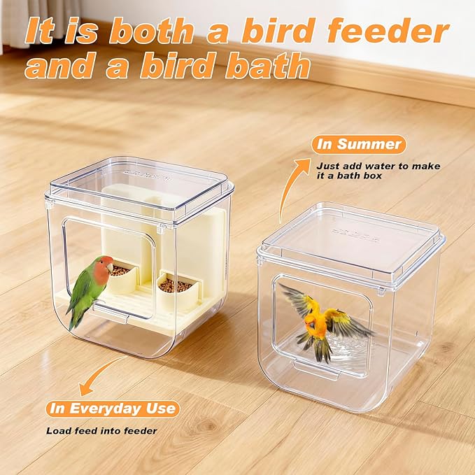 No Mess Automatic Bird Feeder with Hooks Hanging,2 in 1 Bird Bath for Cage,Multifunctional Bird Food Container Bathing Tubs,Parrot Seed Feeders Bird Cage Accessories for Budgies Lovebirds Cockatiels