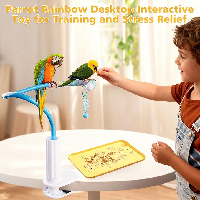 Bird Perch Stand,Bendable Desktop Parrot Training Stand with Tray,Easy to Clean Bird Tabletop Platform Toy,Parakeet Playground Play Stand for Lovebirds Pigeon Budgies,Small Animals（Blue）