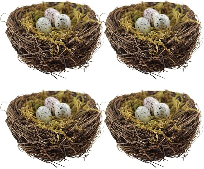 Artificial Birds Nest, 4PCS Crafts Handmade Natural Easter Birds Nest Rattan Birds Nest for Garden Yard Home Party Easter Decor Contains 12 Artificial Bird Eggs&4 Packs of Moss