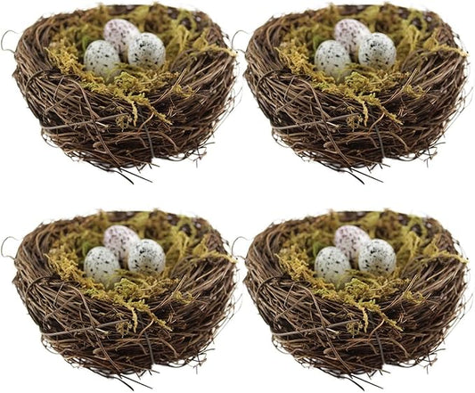 Artificial Birds Nest, 4PCS Crafts Handmade Natural Easter Birds Nest Rattan Birds Nest for Garden Yard Home Party Easter Decor Contains 12 Artificial Bird Eggs&4 Packs of Moss