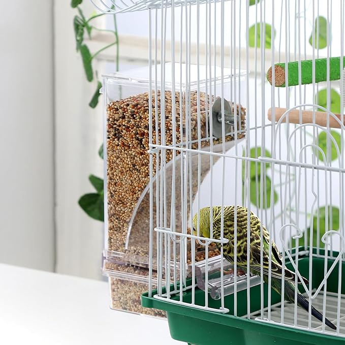 IBWell No Mess Automatic Bird Feeder for Cage - Parrot Feeder Inside Cage With Clear Perch and Acrylic Seed Food Container