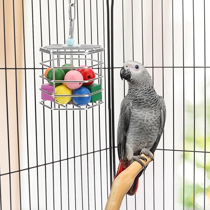 Bird Stainless Steel Foraging Feeder Parrot Hanging Feeding Box for Macaw African Grey Cockatoo Cockatiel Amazon Cage (Foraging Feeder with Blocks)