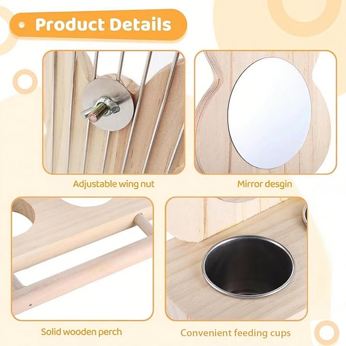 Bird Feeder with Stainless Steel Dish, Natural Wood Perches & Mirror - Easy Clean/Refill for Cockatiels, Lovebirds, Canaries, Finches, Budgies & Small/Medium Birds - Parrot Cage Accessories