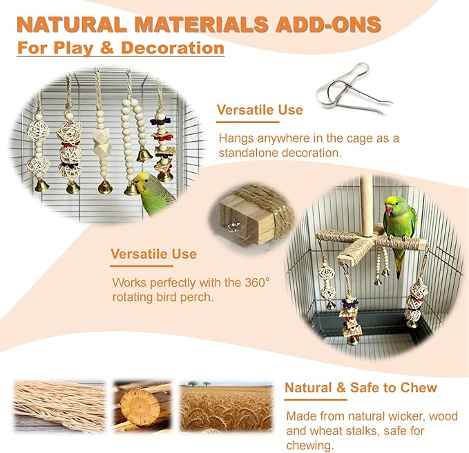 360° Rotating Bird Perch Stand - 4 Perches + 5 Natural Chew Strand, Natural Bird Cage Accessories, for Small & Medium Birds Parakeets Cockatiels Lovebirds Budgies