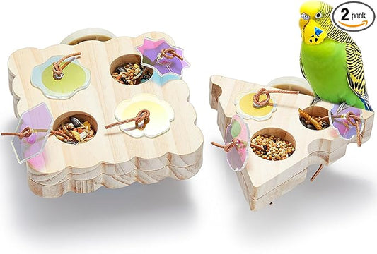 2Pcs Wooden Small Bird Foraging Toys, Interactive Parakeet Foraging Toys for Cage, Bird Enrichment Toys for Conure Slow Feeder, Budgie Cage Toy Puzzle, Parrot Toys for Small Sized Birds