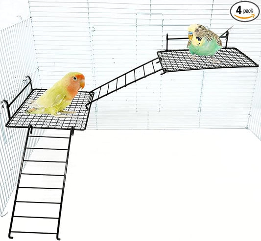 BNOSDM Stainless Steel Grid Platform for Parakeet 4 PCS Bird Perches Platform Parrot Stand with Climbing Ladder Bird Cage Accessories for Small to Large Birds (L)