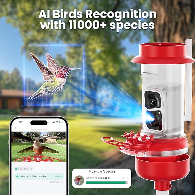 Soliom Hummingbird Feeder with Camera, Smart Feeder Camera with 2K Live View AI Identify, Leak Proof&Ant Moat&Bee Proof, Outdoor Pole/Hook Hanging, Ideal Gift for Family, 16 OZ with Solar Panel Red ﻿