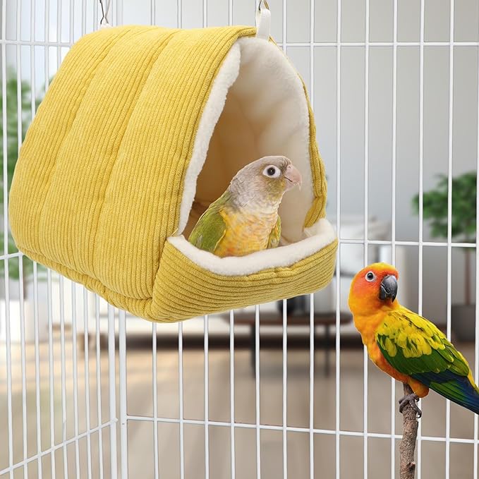 Bird Nest House Winter Warm Bird Bed Hanging Hammock Hideaway Hut for Parakeets Budgies Cockatiels Conures Quaker Parrot (Yellow)