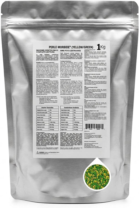 Perle Morbide Yellow Green Soft Bird Food 1Kg – Comida para Pajaritos, Complete Extruded Diet for Canaries, Finches, Parakeets, Goldfinches, Lady Gouldians – Vitamin-Rich & Digestible Formula