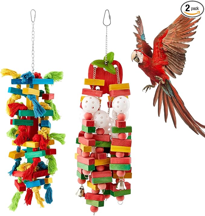 Seenelling 2 Pcs Extra Large Bird Parrot Toy, Multicolored Atural Wooden Bird Chewing Toy Parrot Cage Chewing Toys for Large Medium Macaws Cockatoos African Grey Parrots Birds