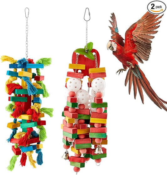 Seenelling 2 Pcs Extra Large Bird Parrot Toy, Multicolored Atural Wooden Bird Chewing Toy Parrot Cage Chewing Toys for Large Medium Macaws Cockatoos African Grey Parrots Birds