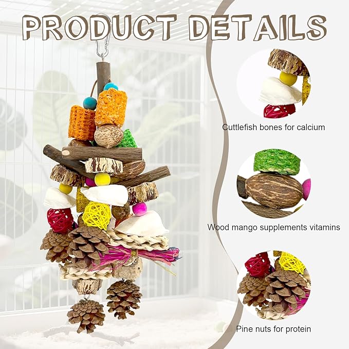 Parrot Toys, Natural Wooden Nutrient-Rich Bird Toy with Cuttlefish Bone, Pine Cones, Wooden Mango & Carambola, Corn Cob Chew Toy, Hanging in Cage for Cockatiel, Quaker Parrot,Conures,Monk Parakeet
