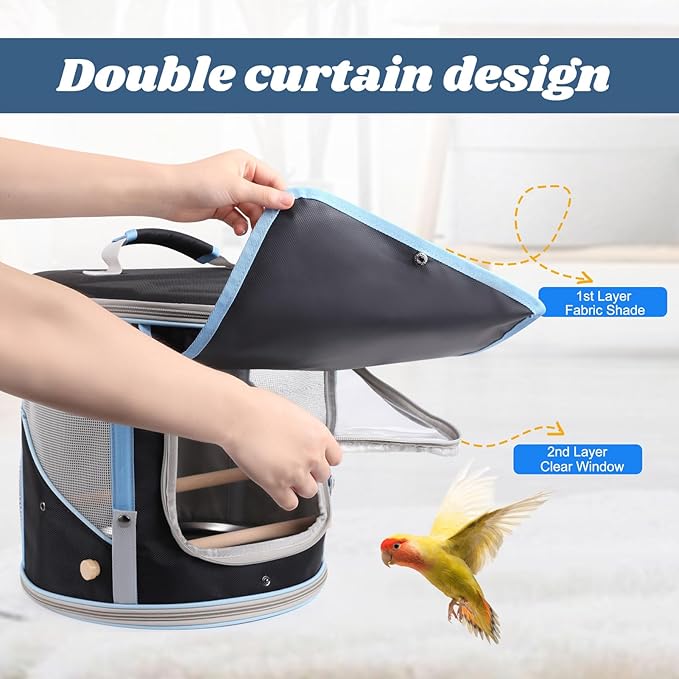 Small to Medium Bird Travel Carrier Cage, Portable Parrot Parakeet Cockatile Conure Transport Cage with Clear Window and Fabric Shade, Round Carry Bird Bag