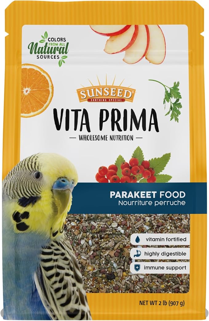Sunseed Vita Prima Parakeet Food 2 lb - Grains Seeds Vegetables Fruits and Live Micro Organisms Delivering Wholesome Daily Nutrition and Foraging Variety Your Parakeet Deserves