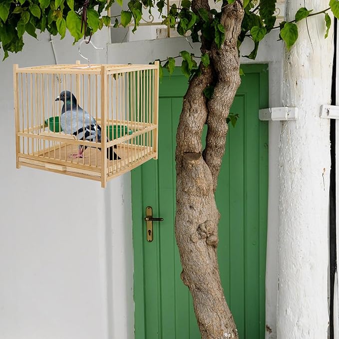 Kisangel Bamboo Bird Cage Small Parrot Cage with Hanging Hook Indoor Outdoor Bird Keeping 9.84X7.87X9.84 Inches for Budgies Lovebirds Cockatiels