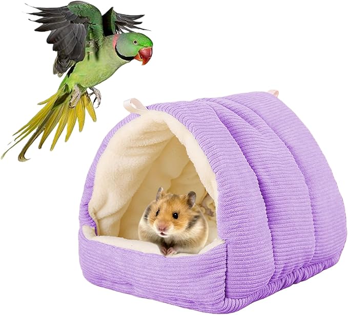 Winter Warm Bird Nest Bed, Plush Hanging Bird Bed for Cage, Plush Hut Tent, Hideaway Sleeping Nest for Budgies, Parakeets, Cockatiels, Conures (Purple, M)