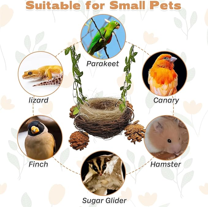 PINVNBY Natural Rattan Bird Nest for Cage Hanging Bird Bed Sugar Glider Swing Toys with Coconut Fiber Mat for Parakeet Cockatiel Lovebird Conure Sugar Glider Canary