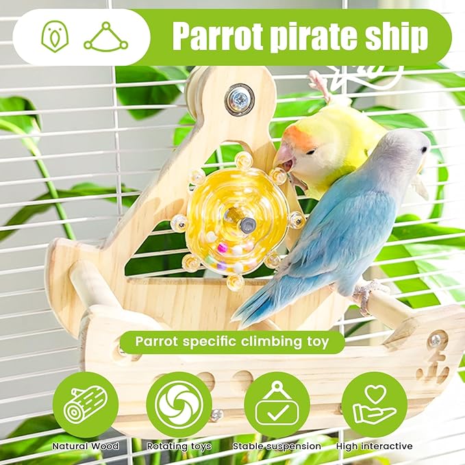 Bird Stand Perch Toy,Interactive Rocking Parakeet Toy and Perch, Wooden Exercise Wheel Cockatiel Toy, Intelligence Puzzle Enrichment Toys,Bird Playground Play Stands for Conure Budgie(C)