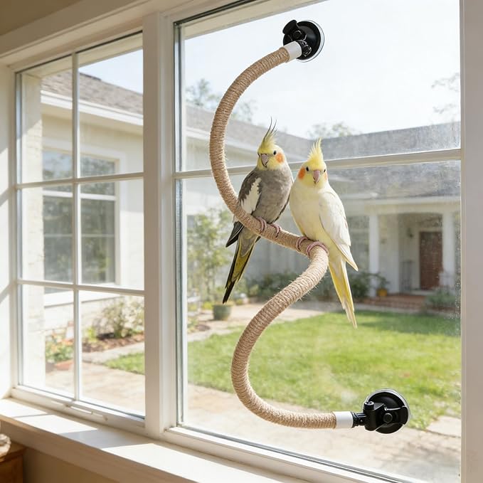 Natural Flax Bird Perch Stand with Strong Suction Cups | Movable Parrot Training Perch for Window/Mirror/Car/Tiles | Universal for Budgie, Cockatiel, Conure (DIY Modular Parrot Perch)