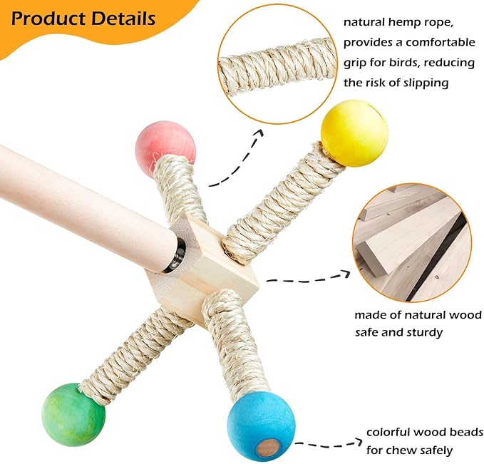 Bird Stand Perch Toy, Interactive Spinning Parakeet Toys, Wooden Exercise Wheel Parrot Toy, Enrichment Cockatiel Toy for Birds Cage, Bird Cage Accessories Perch Toys for Budgies (Small)