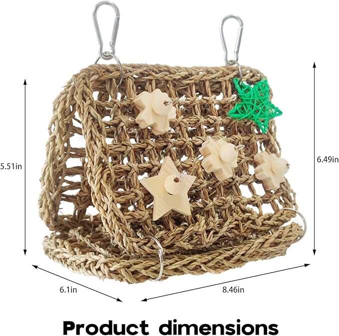 Seagrass Handwoven Bird Bed for Cage, DIY Parakeet Nest & Climbing Ladder, Breathable Bird Hammock Tent, Hut Hideout for Parakeets, Lovebirds, Budgies, Cockatiels(SJ)