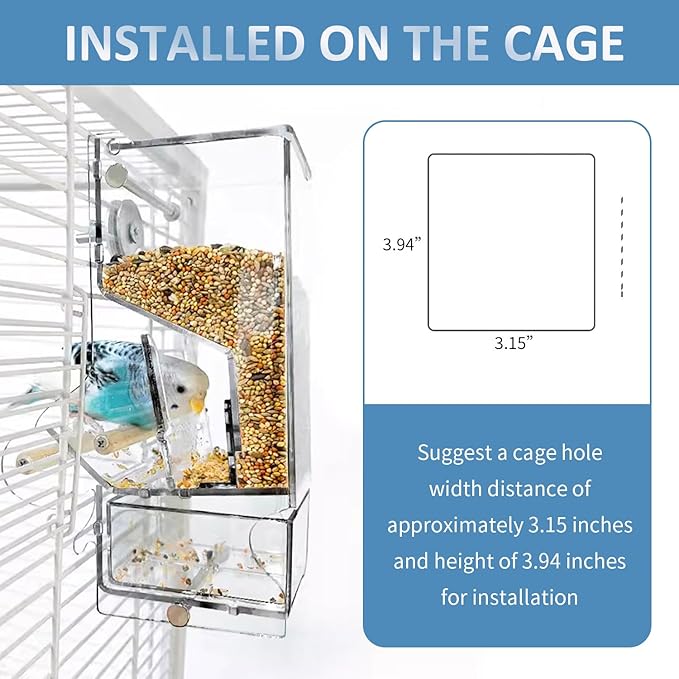 La La Pet®No Mess Automatic Bird Feeder for Cage Acrylic Bird Food Container Adjustable Bird Cage Feeder with Perch Parrot Feeding Station for Small Birds, Transparent