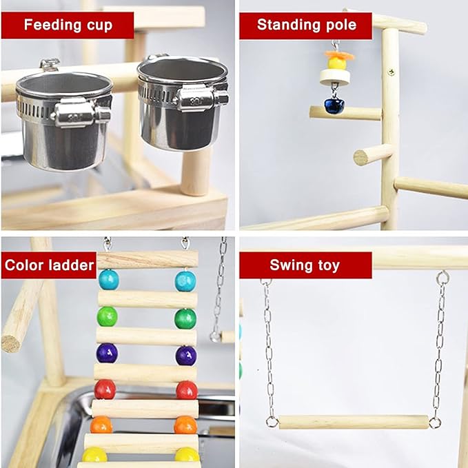 Bird Playground, Parrot playstand, Bird Play Stand, Parakeet Playground, Wood Perch Gym Playpen Ladder with Feeder Cups Toys Exercise Play