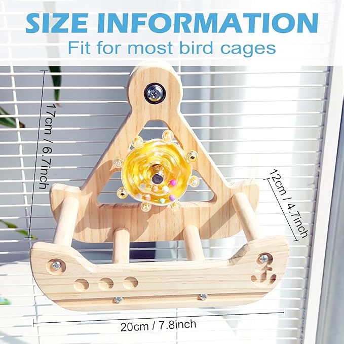 2 in 1 Interactive Bird Toys,Nature Wooden Swing Parrot Toys with Spinner Rattle Bell, Cockatiel Toy Bird Cage Accessories for Parakeets, Cockatiels & Conures etc (Free Size, Boat Style)