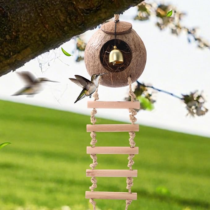 Briwooody Coconut Shell Bird Nest House Breeding Bed Nestingand Anti-pecking Bite with Natural Coir Fiber Bird Nest Toy Bell for Parrot Budgie Parakeet Cockatiel Conure Lovebird Canary Finch (Stylish)