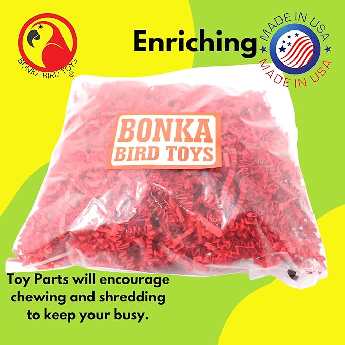 Bonka Bird Toys Colored Crinkle Shred Paper Chew Forage Nesting Treat Natural Multi-Use Craft Part Projects Cockatiels Parakeets Conures Amazons and Other Similar Birds (Red)