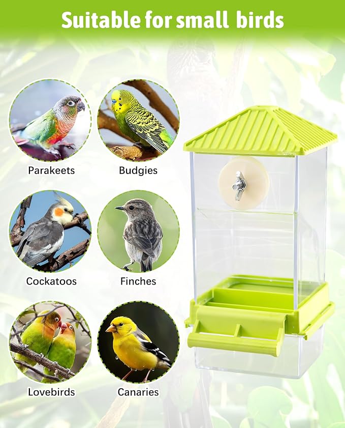 Hamiledyi 2 Pcs Automatic Bird Feeder No Mess Bird Cage Feeder Seed Food Container with Perch Transparent Parrot Cage Accessories for Parakeets, Budgies, Cockatoos, Finches, Lovebirds (Green)