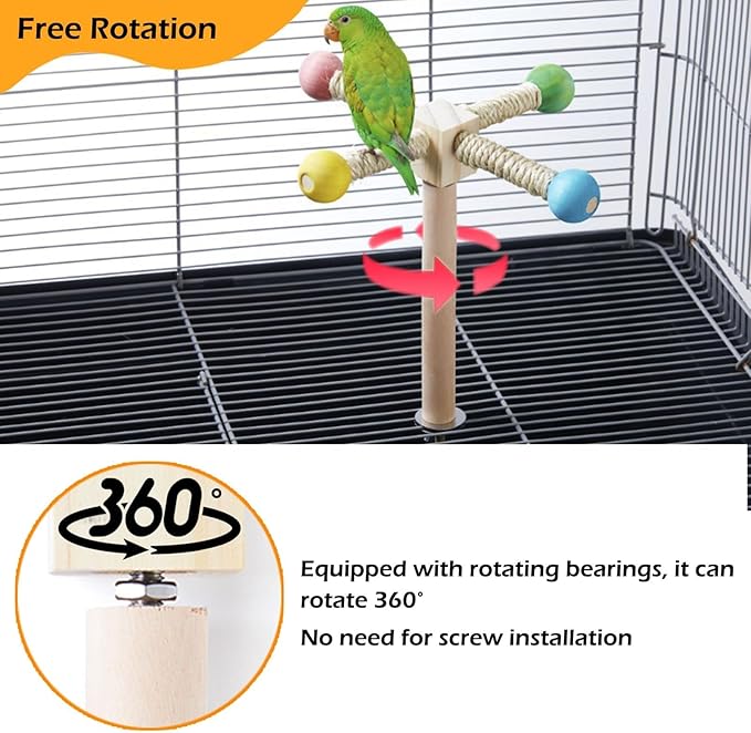 Bird Stand Perch Toy, Interactive Spinning Parakeet Toys, Wooden Exercise Wheel Parrot Toy, Enrichment Cockatiel Toy for Birds Cage, Bird Cage Accessories Perch Toys for Budgies (Small)