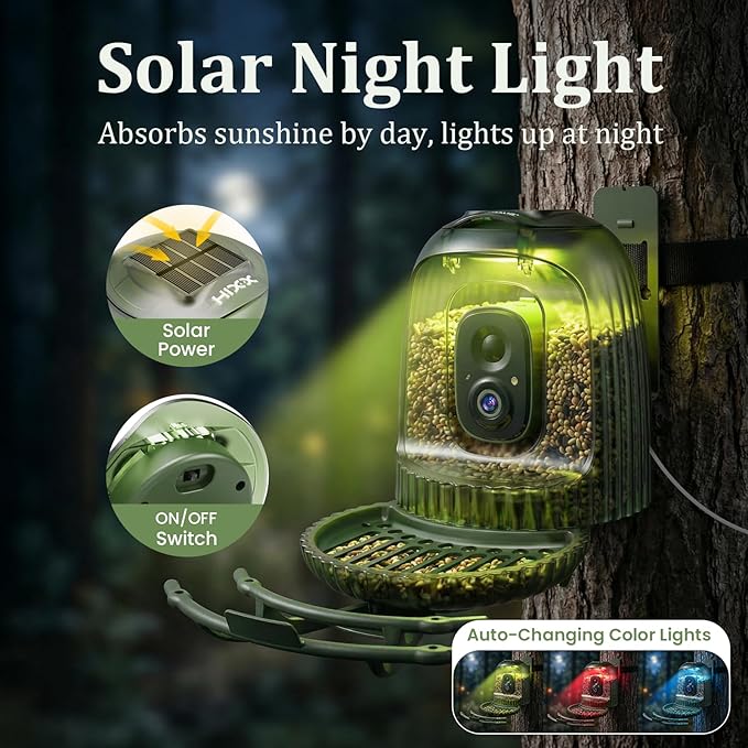 HIXX Smart Bird Feeder with 4MP Camera – Auto Capture Video, AI Bird Identification, Large Capacity & Seed Guard, Solar Powered Night Light, Live Birdwatching Camera for Lovers, Family & Friends