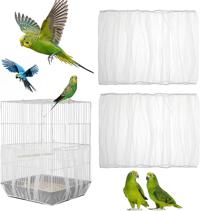 2 Pcs Bird Cage Netting Seed Catcher, Adjustable Skirt Bird Cage Net White Polyester Splash Guard for Parrot Finch Cages