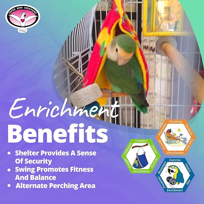 Super Bird Creations SB473 Peekaboo Perch Tent for Small Birds, Bird Bed & Parrot Perch, Ideal Bird Cage Accessories for Parakeets, Finch, Canary Cockatiels, Comfortable Bird Perches Cage, 10”x4”x4.5”