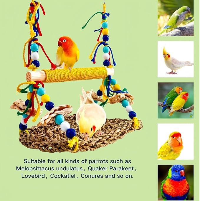 Parakeet Swing Toys,Natural Bird Grass Mat Toys Parrot Climbing Hammock with Perch Toys for Cockatiel, Sun Conure, Lovebird, Budgie