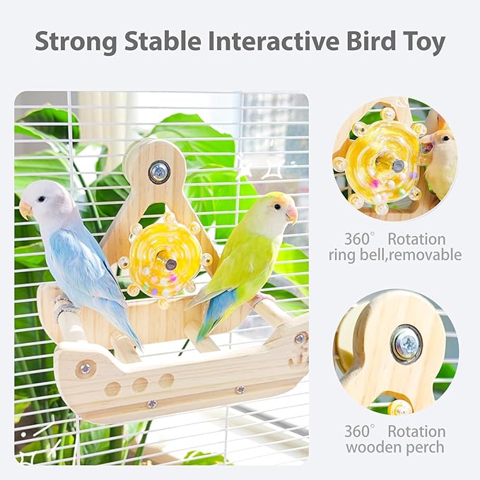 2 in 1 Interactive Bird Toys,Nature Wooden Swing Parrot Toys with Spinner Rattle Bell, Cockatiel Toy Bird Cage Accessories for Parakeets, Cockatiels & Conures etc (Free Size, Boat Style)