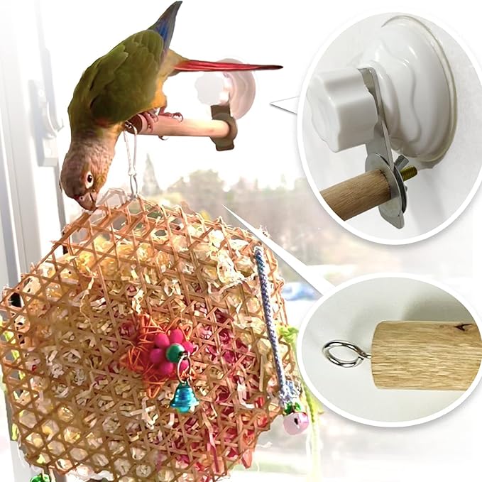 Bird Window/Bath/Car/Travel Perch Stand with Suction Cup for Small and Medium Bird Parrot Parakeet Cockatiel Conure Budgie Lovebirds (Simple Wood Perch)