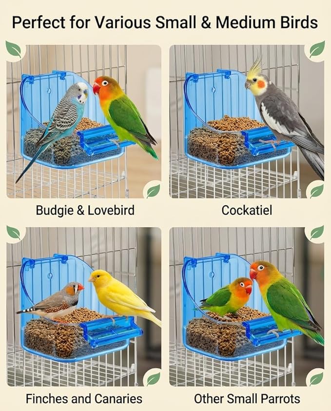 2 Packs No Mess Bird Feeder, Bird cage Feeder Cage Cup Food Bowls, Food Seed and Water Container, Good for Cockatiel Finch Lovebirds Budgies Canary (Blue and Clear)