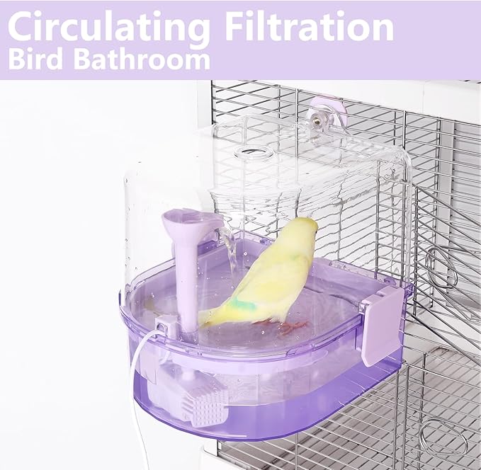 Automatic Bird Baths for Cage – Indoor Parakeet Bath with Pump, Bird Shower with 2 Modes Running Water, Bird Cage Accessory for Pet Birds Conure Budgies Cockatiels Lovebird (Purple)