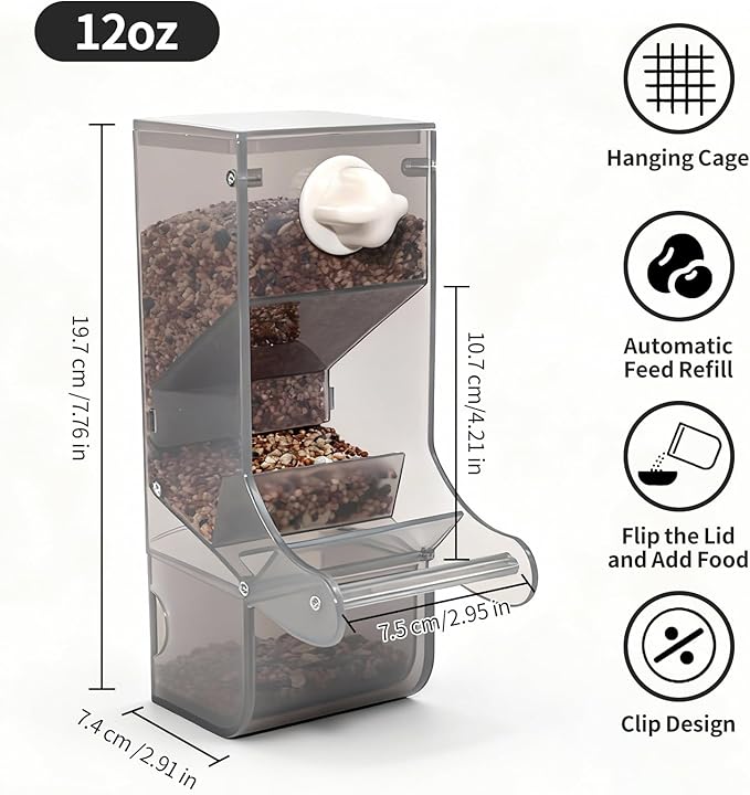 AOTU Automatic No Mess Bird Feeder for Cage - Crack-Resistant Plastic Bird Cage Seed Catcher Clear Bird Cage Feeder for Small Medium Birds Parrots Cockatiels Parakeets Conures Canaries (Light Gray)