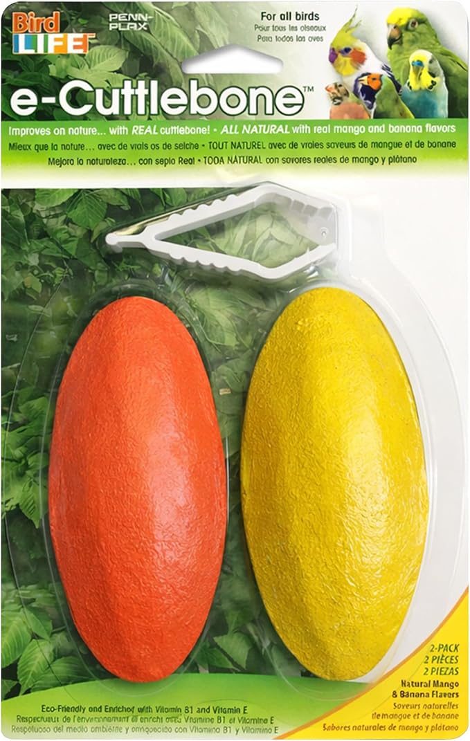 Penn-Plax Bird-Life E-Cuttlebone Flavored, 1 Pack (2 Counts) - Mango & Banana - Durable, Less Brittle Cuttlebones Enriched with Omega 3 & Vitamin B1 - Cage Clip - for All Bird Sizes - Mango & Banana