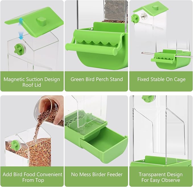 Yummy Sam Automatic Bird Feeder with Perch for Cage, No Mess Acrylic Transparent Bird Cage Feeder, Parrot Seed Feeders Food Container Cage Accessories for Small Medium Birds Parrot Cockatoo Canary
