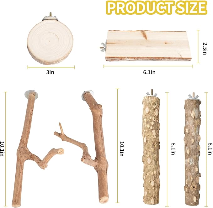 Bird Perch Stand, Pole Standing Natural Wood Bird Perch Set 7PCS Paw Grinding Fork Parrot Cage Branch with Rope Cage Accessories Toys for Parakeets, Cockatiels, Conure, Budgies (Brown 2)