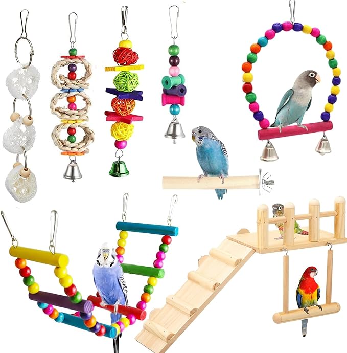 FrgKbTm Wooden Parrot Bird Perch Platform with Climbing Ladder,Parrot Play Stand Bird Swing Bridge Chewing Toys for Parakeet Cockatiel Conure Lovebirds (Bird Swing Set 2)