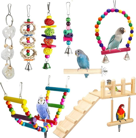 FrgKbTm Wooden Parrot Bird Perch Platform with Climbing Ladder,Parrot Play Stand Bird Swing Bridge Chewing Toys for Parakeet Cockatiel Conure Lovebirds (Bird Swing Set 2)